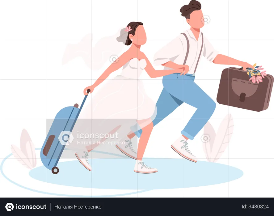 Just married couple with suitcases  Illustration