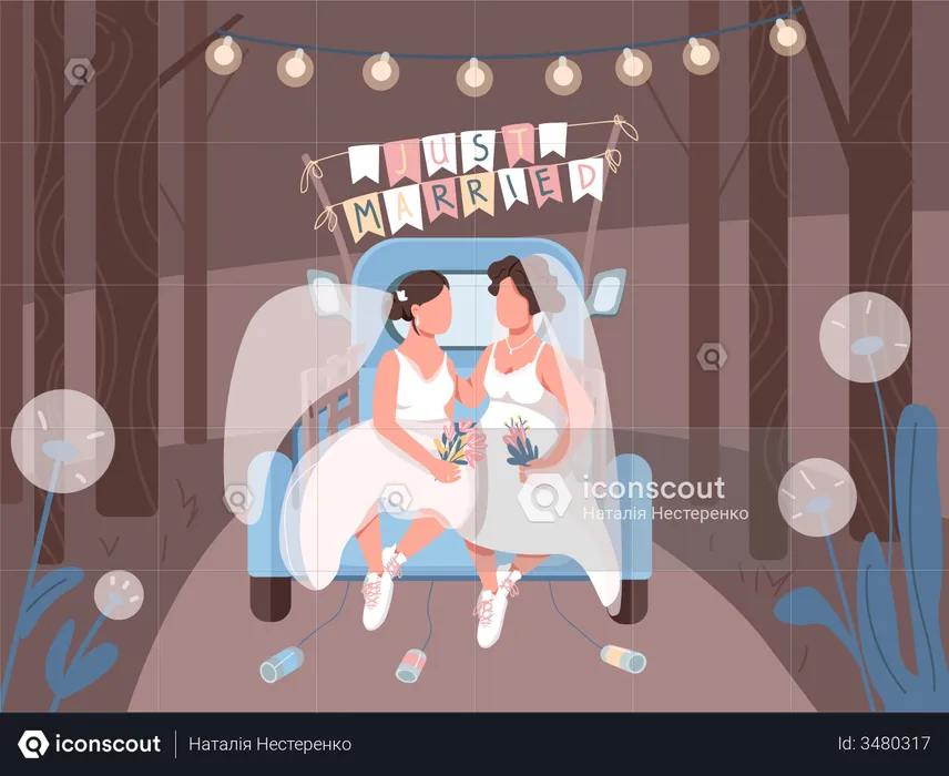 Just married lesbian couple in car  Illustration