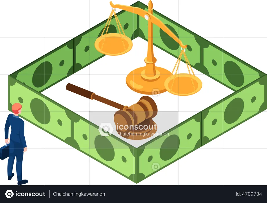 Échelle de justice entourée de dollars  Illustration