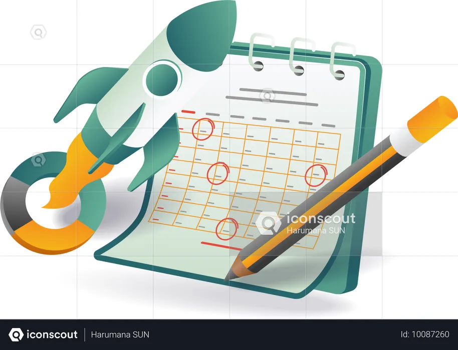 Kalender mit Rakete und Bleistift darauf  Illustration