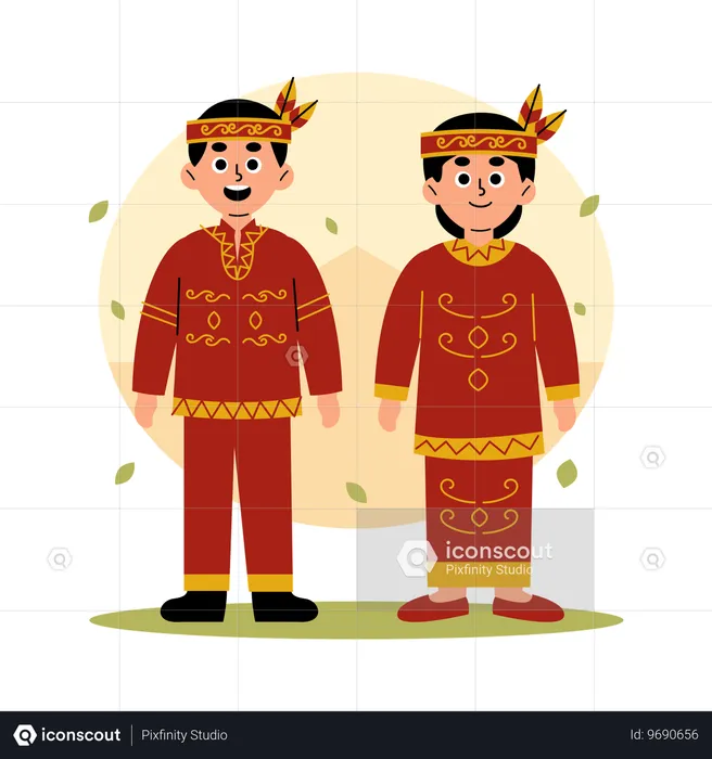 중앙 칼리만탄 문화복을 입은 전통 커플, 중앙 칼리만탄 보르네오  일러스트레이션