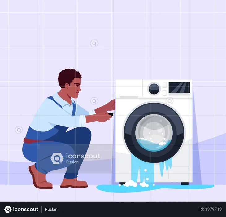 Defekte Waschmaschine und professioneller Reparaturmann  Illustration
