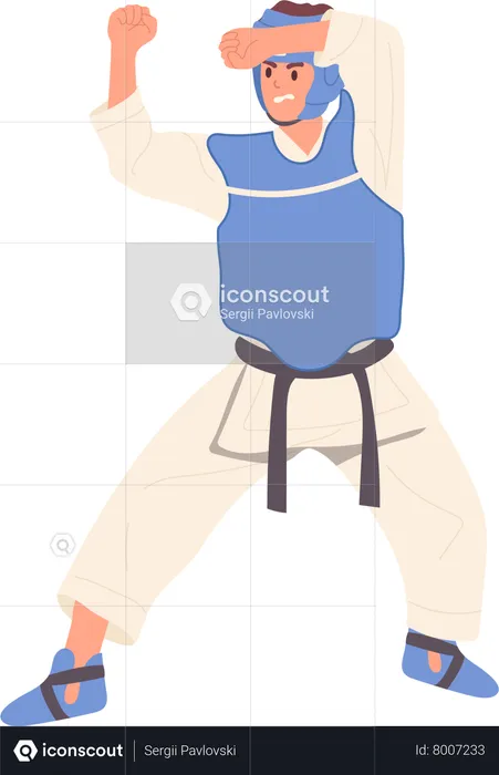 Karate man wearing kimono and protective equipment standing in defense position  Illustration