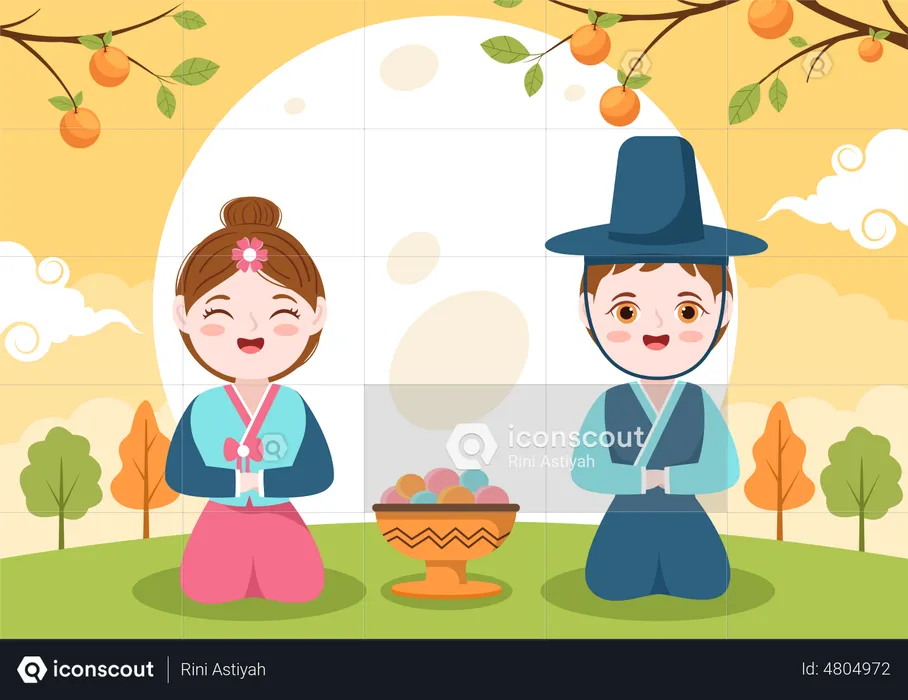 Karena couple wearing traditional cloth on Chuseok Day  Illustration