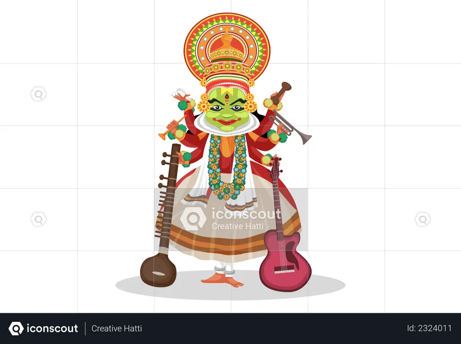 Dançarina Kathakali com instrumentos musicais  Ilustração