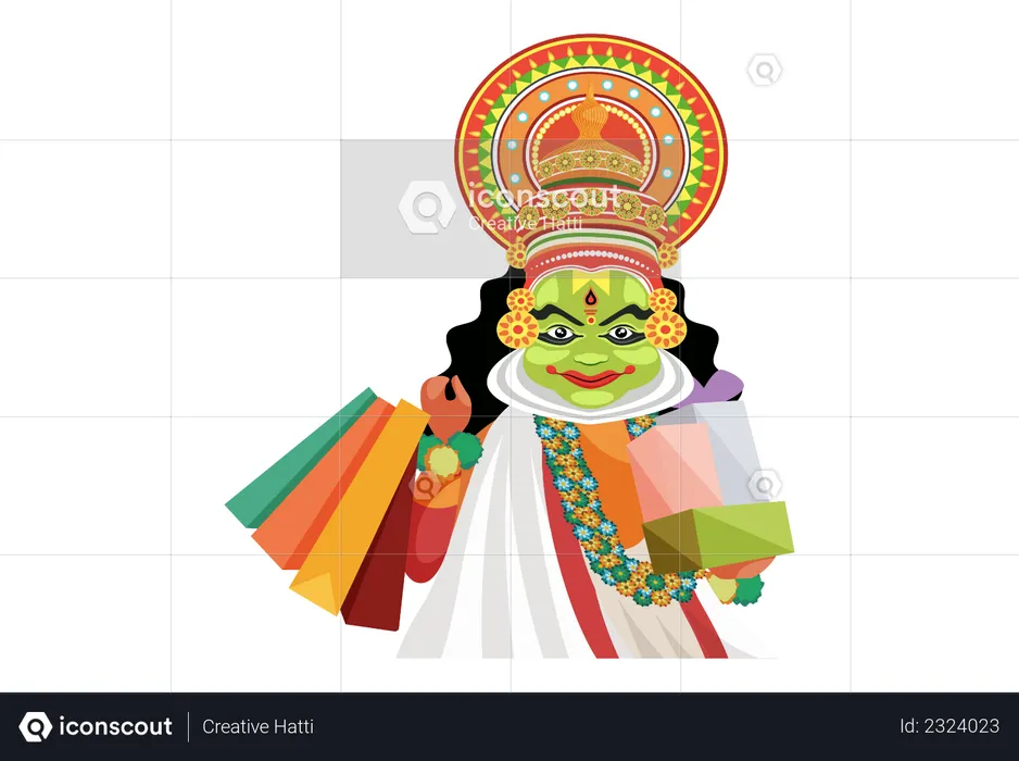 Kathakali dancer holding shopping bags and gifts  Illustration