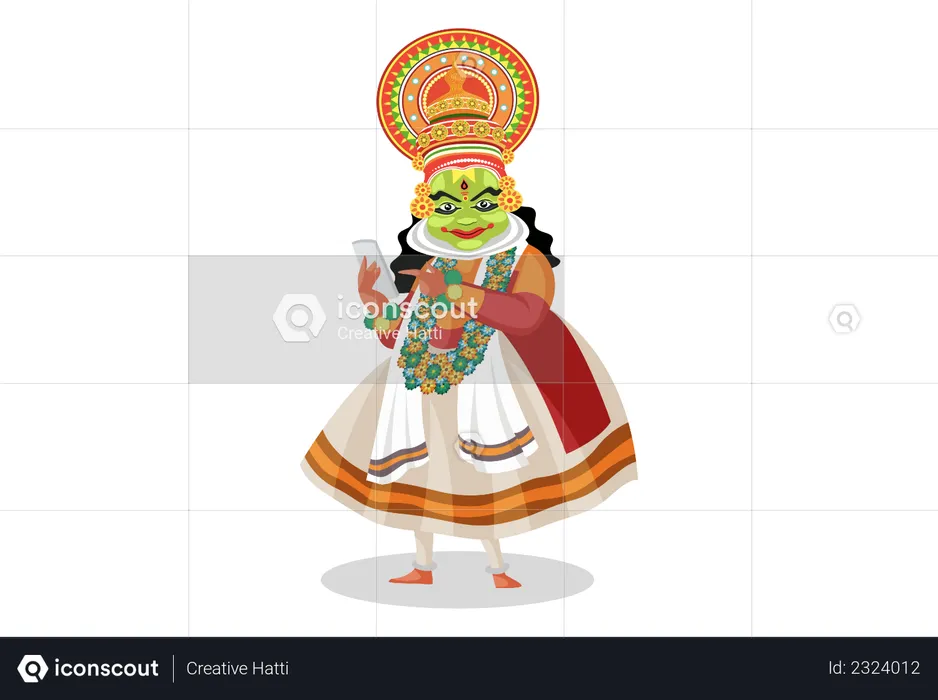 Kathakali dancer using mobile  Illustration