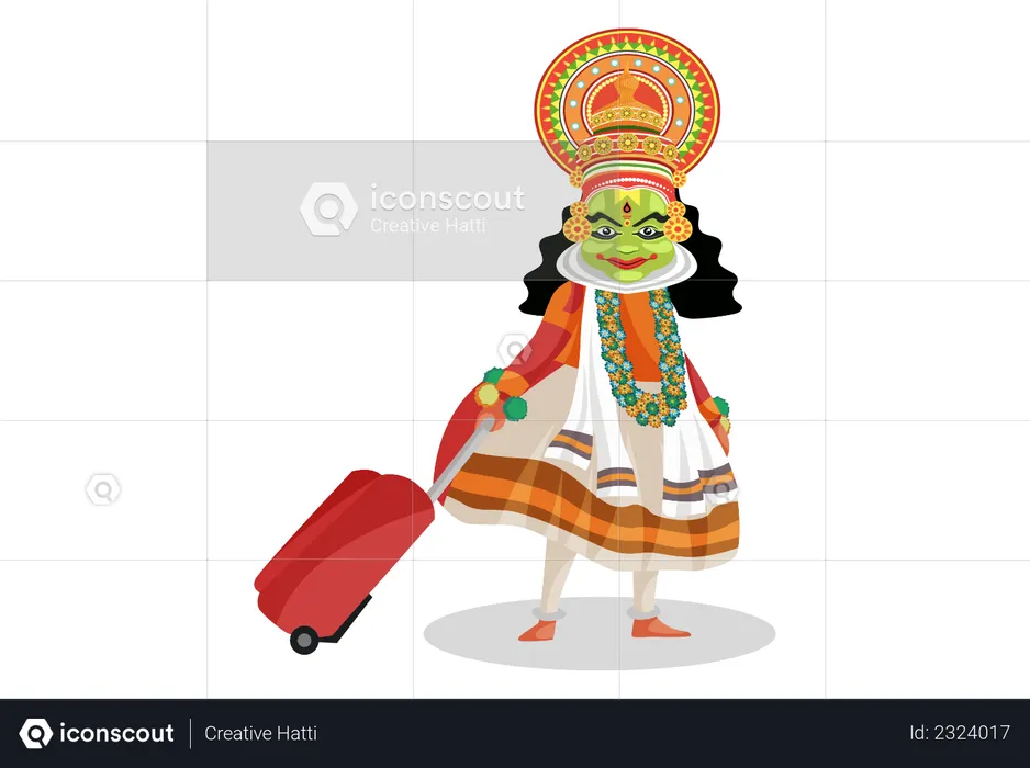 Kathakali dancer walking with luggage bag  Illustration