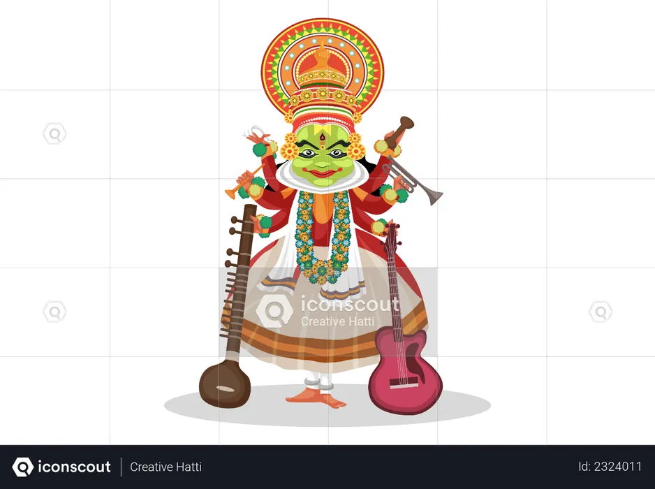 Kathakali dancer with musical instruments  Illustration