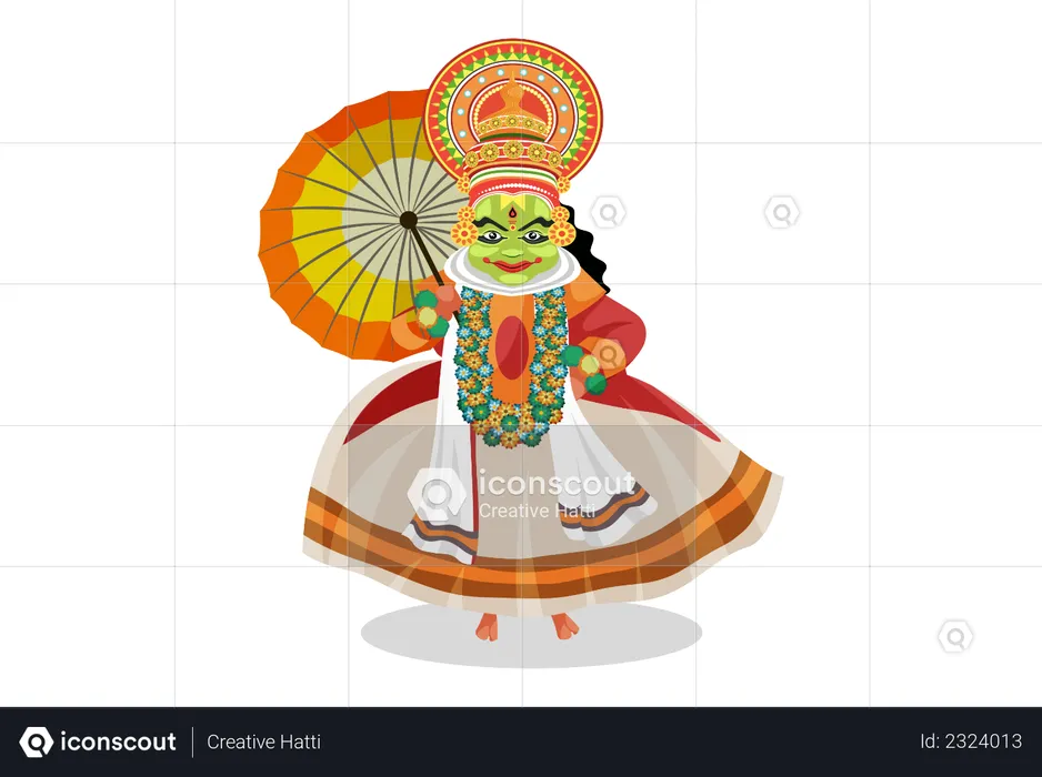 Kathakali-Tänzerin mit Regenschirm  Illustration