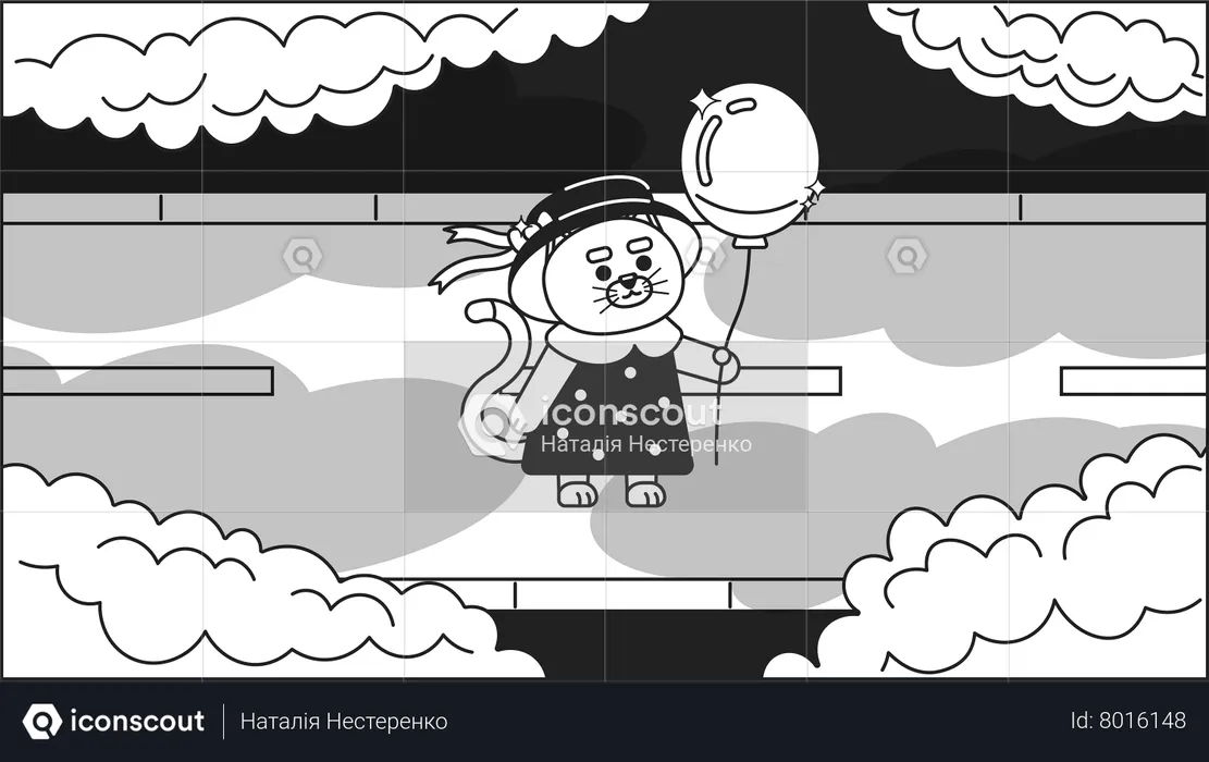 Chat kawaii avec ballon regardant les nuages  Illustration