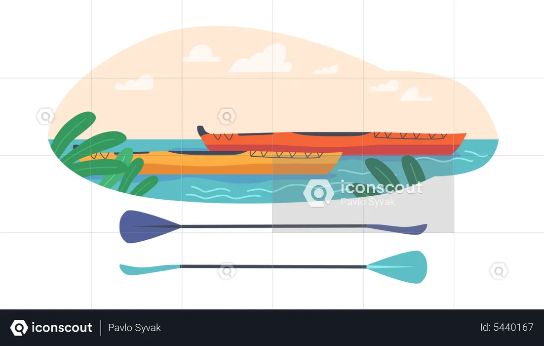 Barcos de kayak en el río.  Ilustración