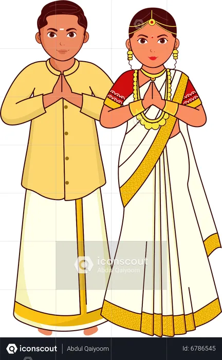 Kerala Wedding Couple Greeting Namaste  Illustration