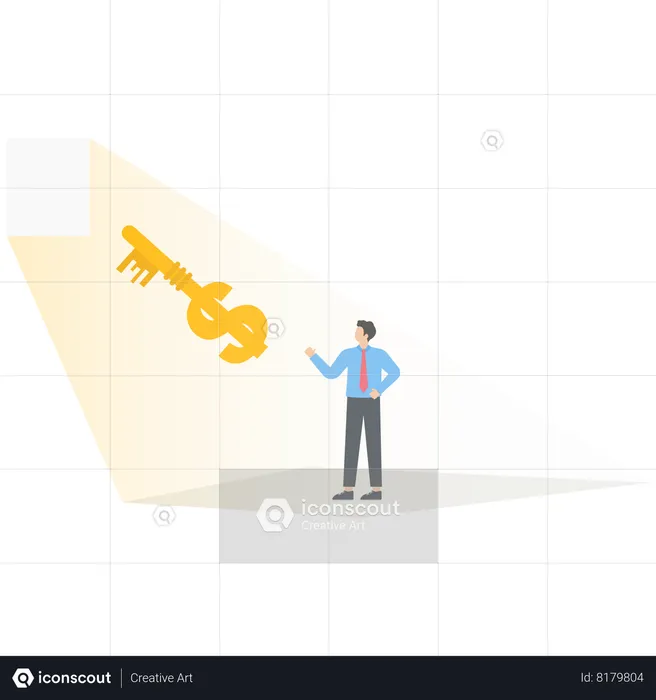 Key of money helps the businessman to successfully open the door of wealth  Illustration