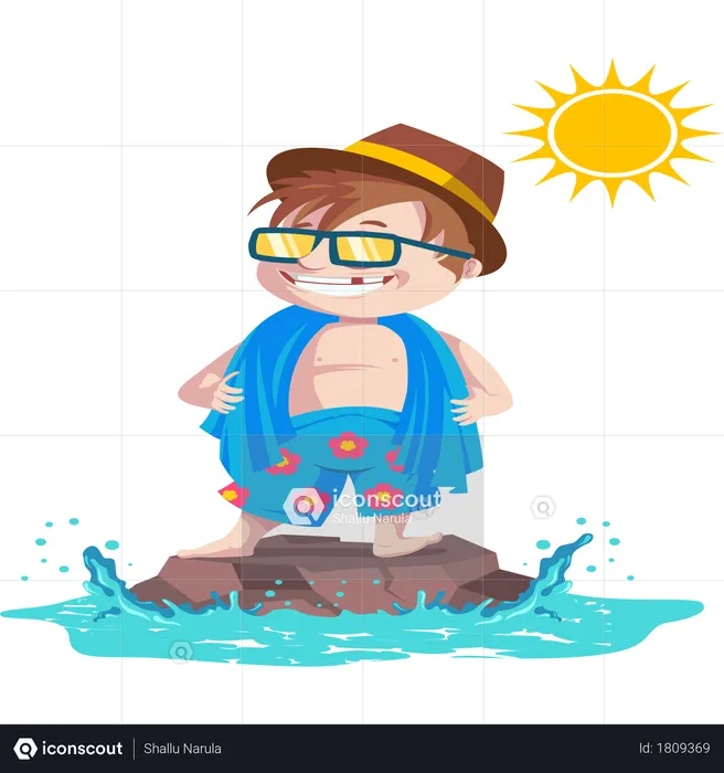 Cool kid standing over water rock in summer time and wearing goggles and hat  Illustration