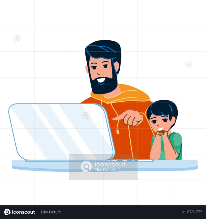 Kid And Father is Using Laptop Together  Illustration