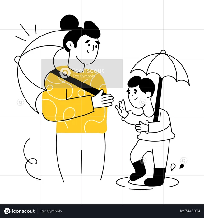 Kid and mother Enjoying Rain  Illustration