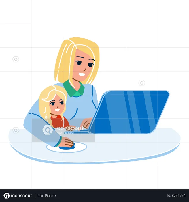 Kid And Mother is Using Laptop Together  Illustration