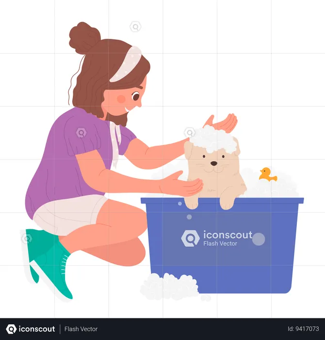 Kid bathing dirty dog  Illustration