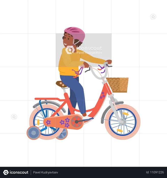 追加の車輪が付いた自転車に乗る男の子  イラスト