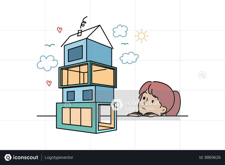 Kid builds her own house by arranging blocks  Illustration