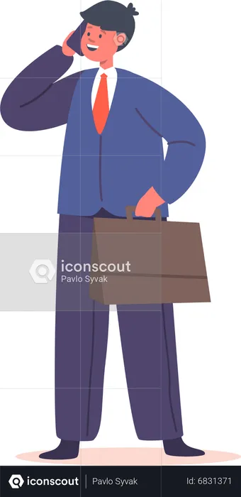 Kid Businessman with Briefcase Speaking by Mobile  Illustration