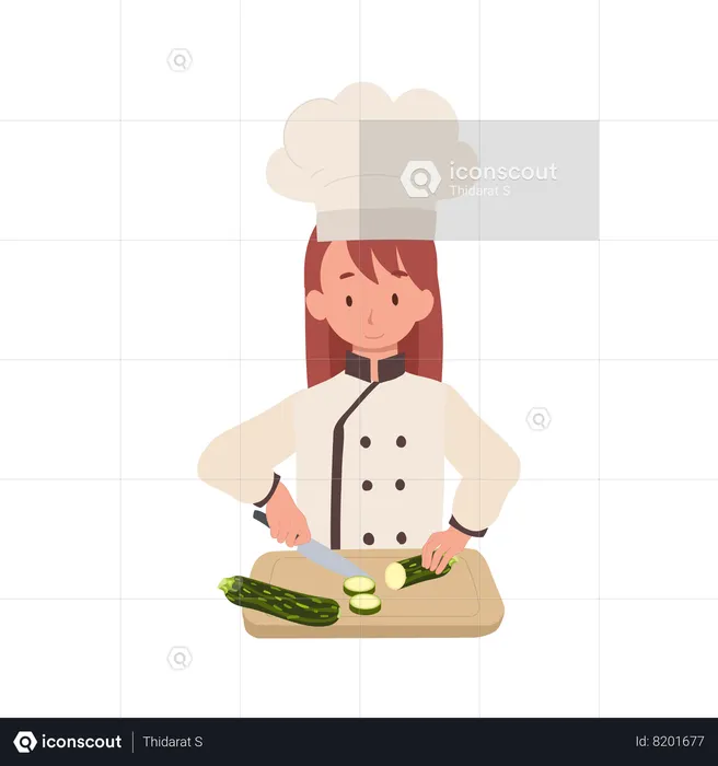 Kid Chef Chopping Cucumber  Illustration