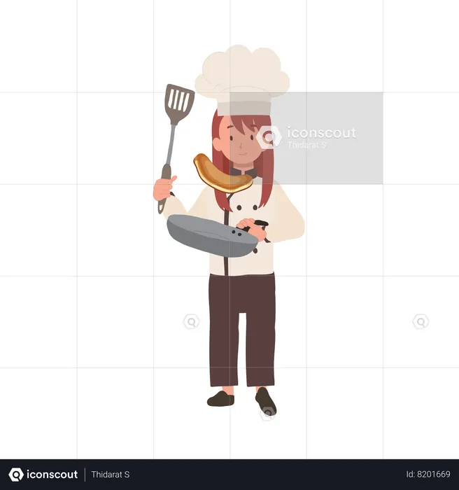Kid Chef Cooking with Frying Pan  Illustration