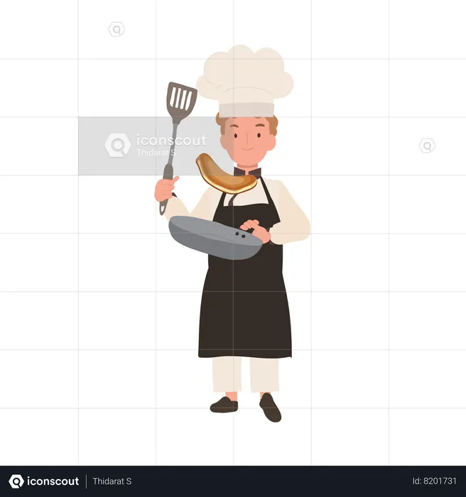 Kid Chef Cooking with Frying Pan  Illustration
