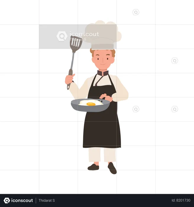 Kid Chef Cooking with Frying Pan  Illustration