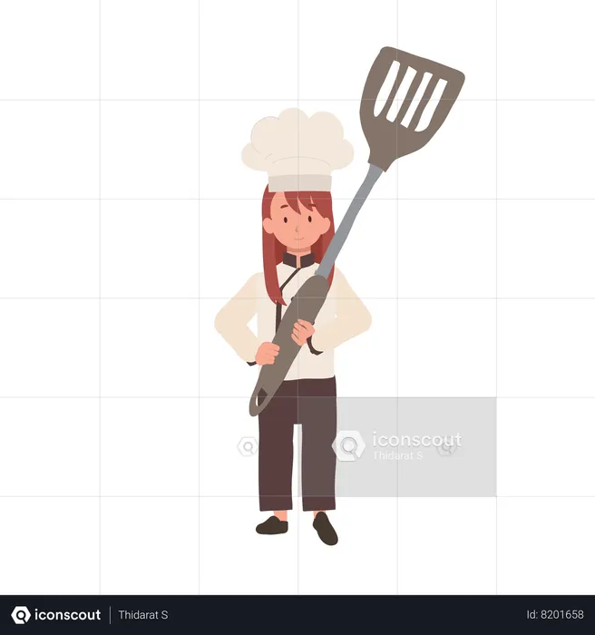 Kid Chef Holding Huge Flipper  Illustration