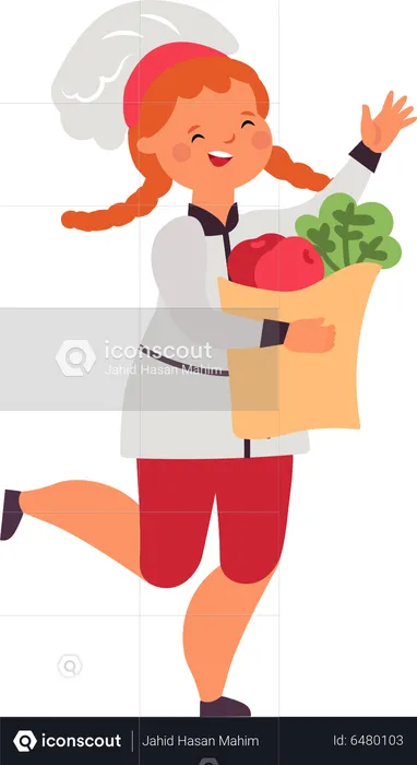 Kid cook holding vegetable bag  Illustration