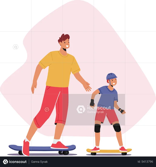 Kid doing skateboarding with father  Illustration