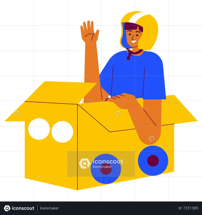 Kid driving  toy car made of cardboard box  Illustration