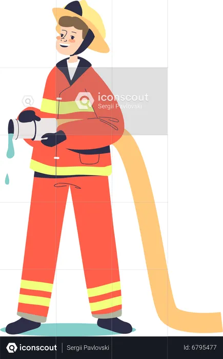 Kid fireman holding water hydrant hose  Illustration