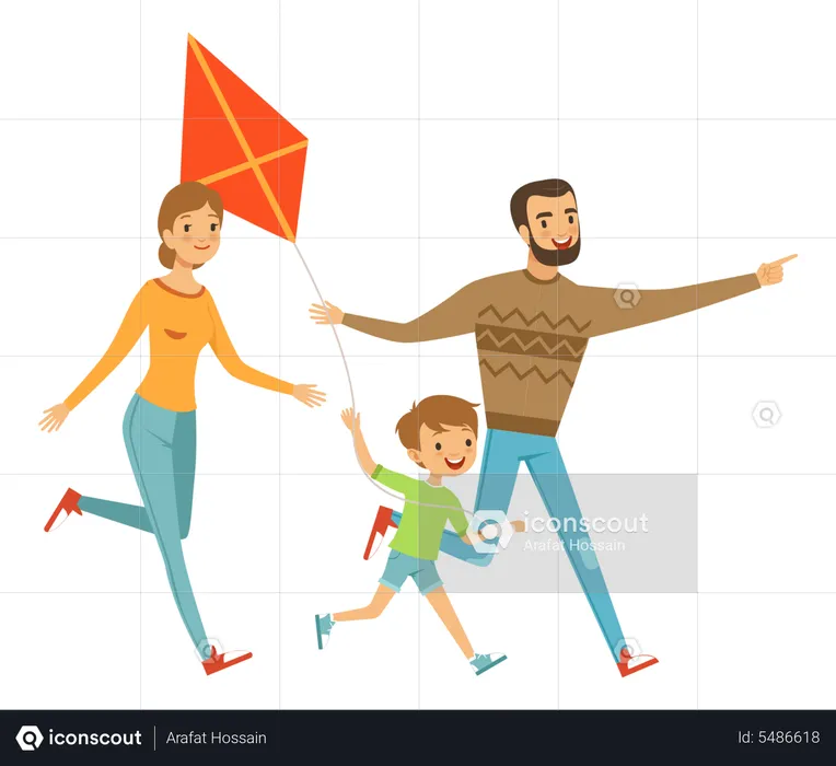 Kid flying kite with parents  Illustration