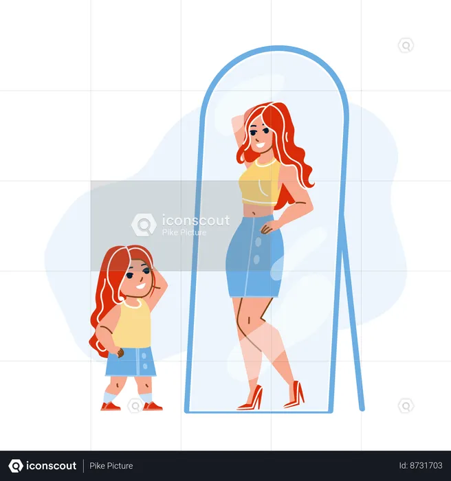 Kid Girl  is Dreaming of Adult Woman In Mirror  Illustration