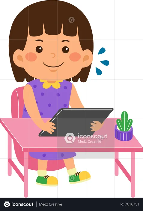 Kid girl use graphic tablet  Illustration