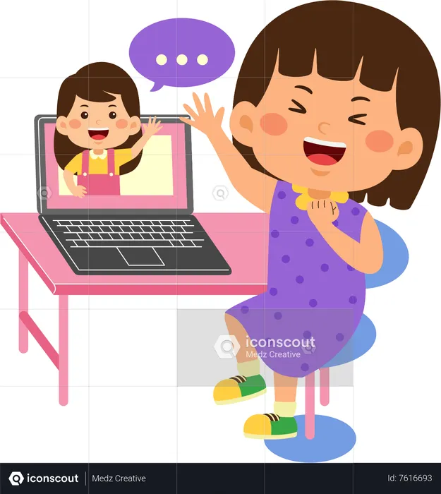 Kid girl use laptop doing video call  Illustration