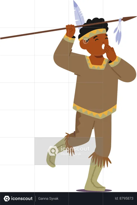 Kid In Traditional Native American Outfit Adorned With Small Spear  Illustration