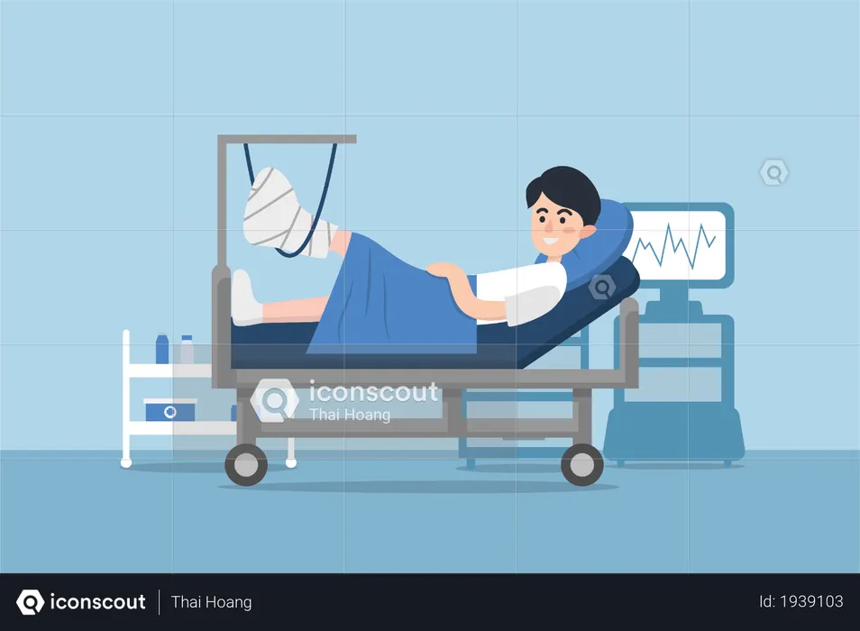 Kid laying down on hospital bed with fractured leg  Illustration