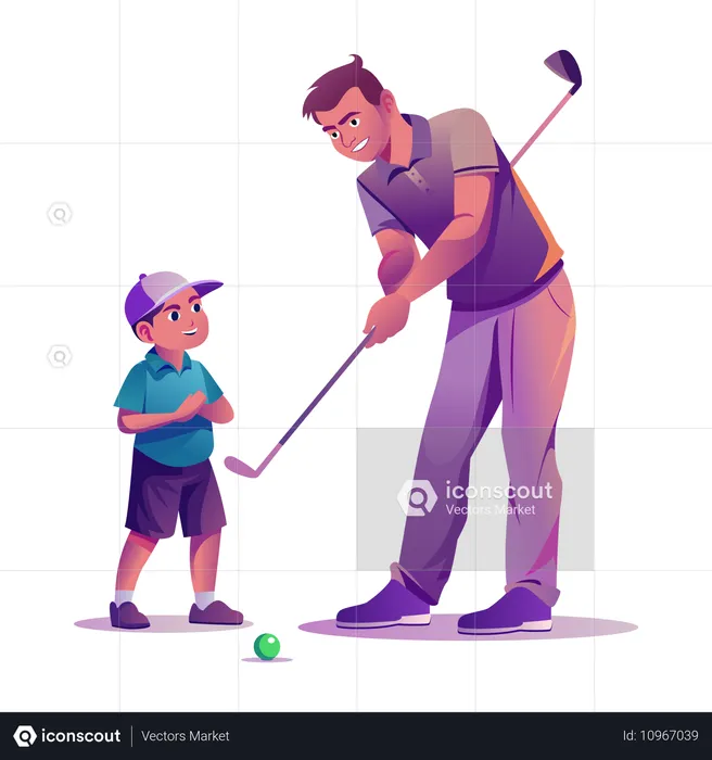 Kid learning golf from father  Illustration