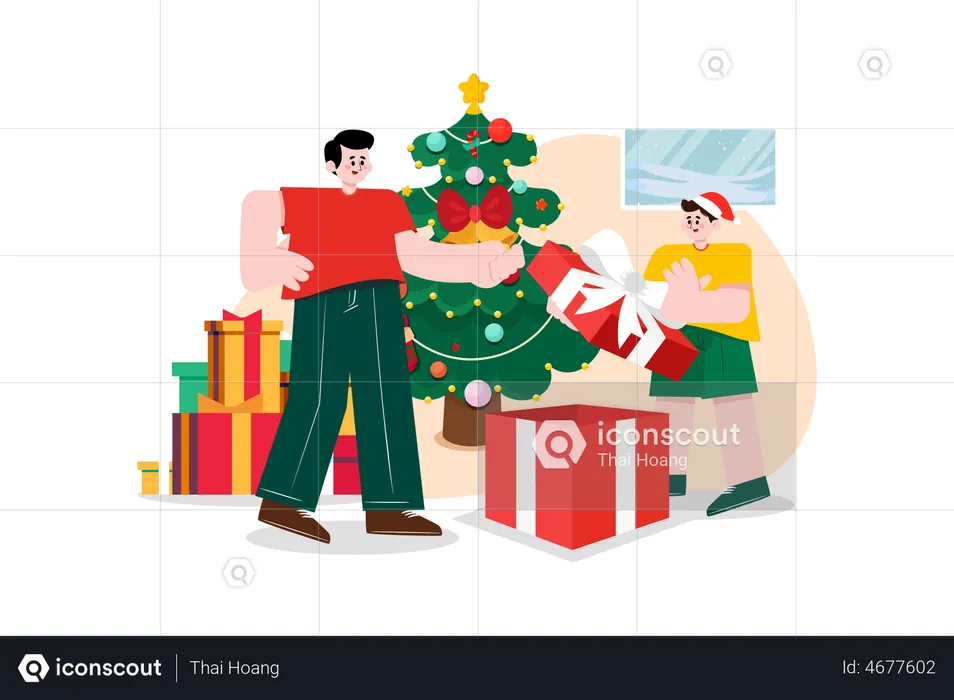 Kid Opening Christmas Gift  Illustration