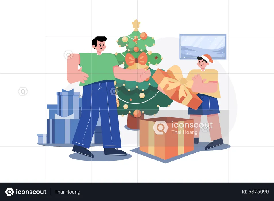 Kid Opening Christmas Gift  Illustration