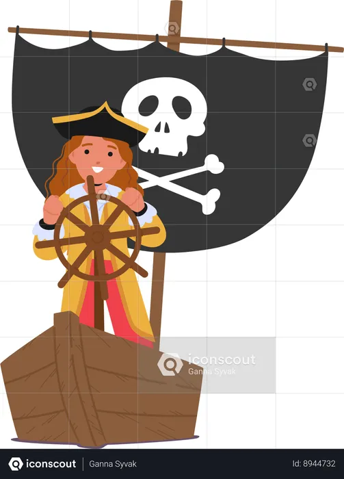 Kid pirate is standing defiantly at the ship helm  Illustration
