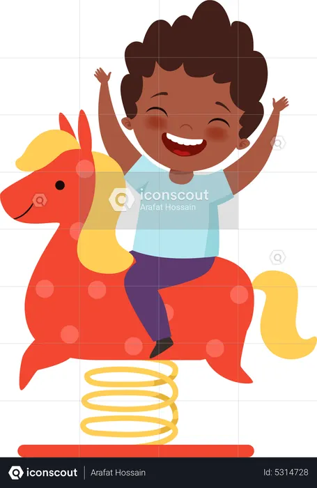 Kid playing on toy horse  Illustration