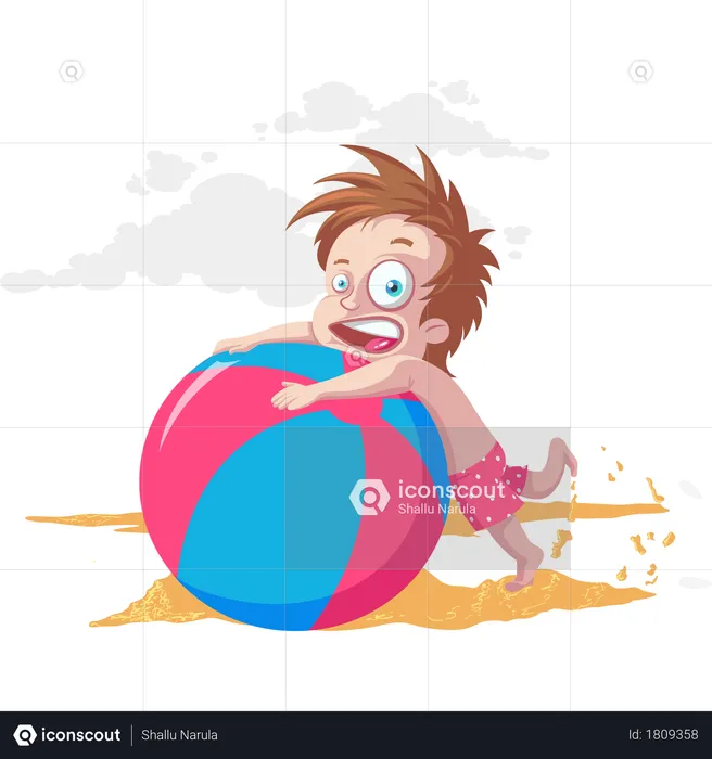 Kid playing with big ball on beach  Illustration