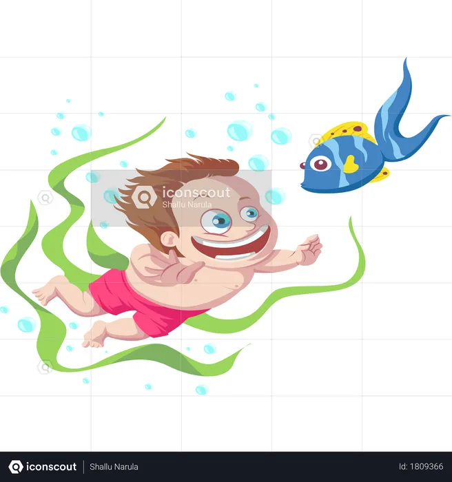 Kid playing with fish  Illustration