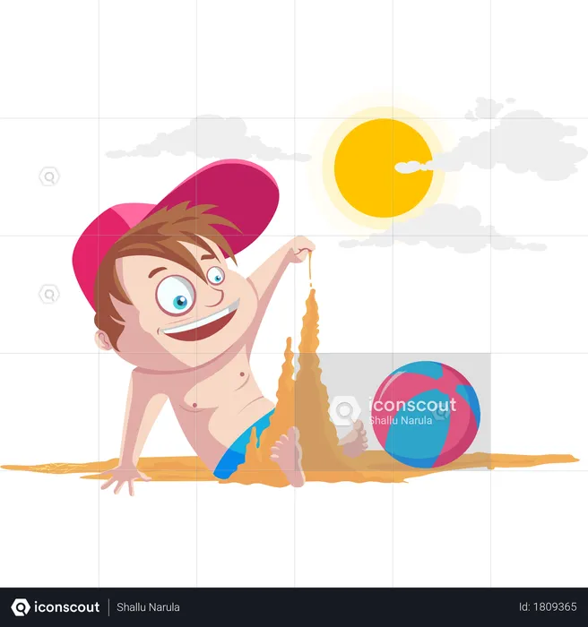 Kid playing with sand at beach  Illustration