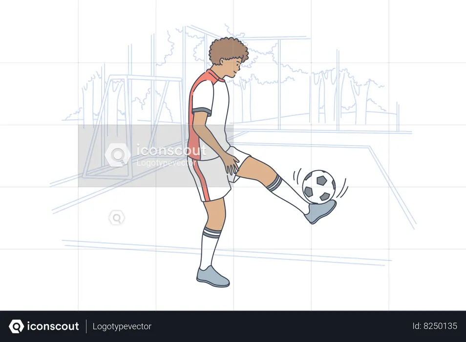 Kid soccer player kicking ball on field  Illustration